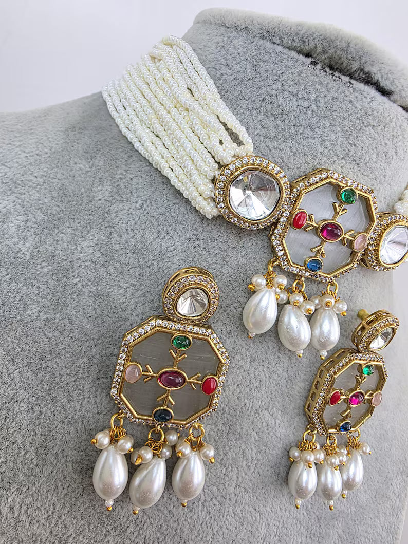 White Heritage Victorian moissanite polki Kundan choker Necklace, Inlay work Indian Bridal Jewelry, Bollywood, Indian Pakistani Necklace