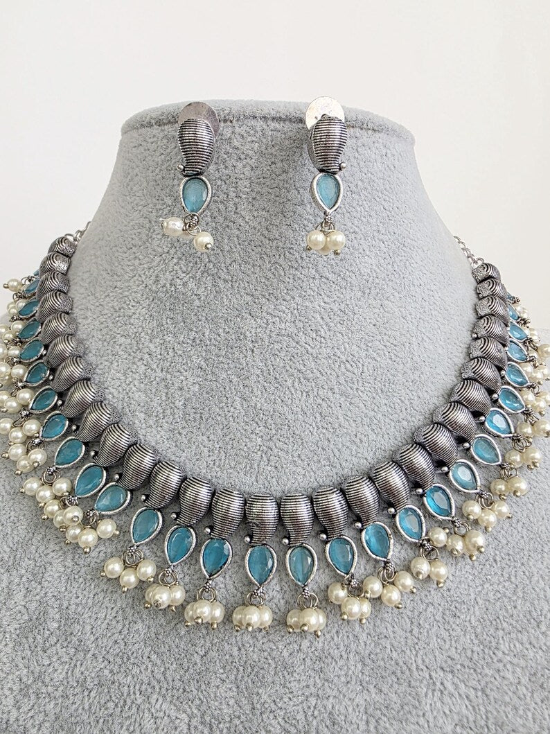 Aqua Blue Handcrafted Oxidized Necklace/Oxidized Indian Jewelry/Boho Jewelry Necklace/Afghan Choker/Afghani jewelry/gypsy necklace