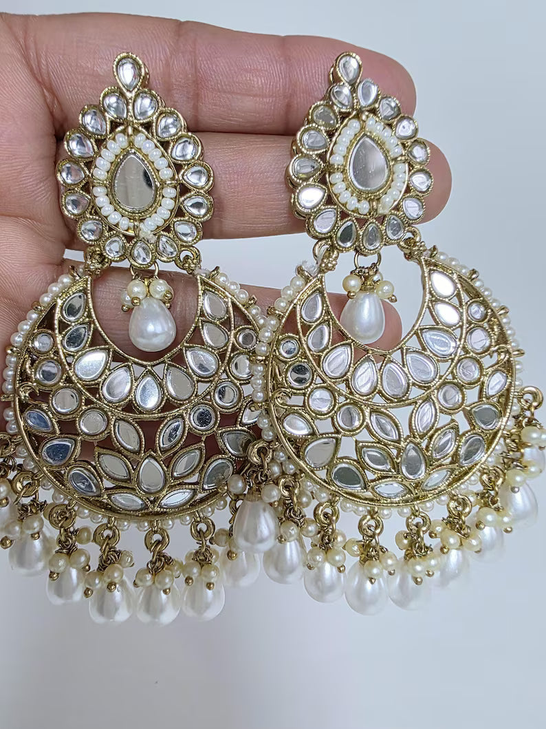 Bollywood oversized Mirror Chandbali Earrings/Indian Earrings/pearl Earring/Pakistani/Statement/Long chandelier/bridal/Indian wedding