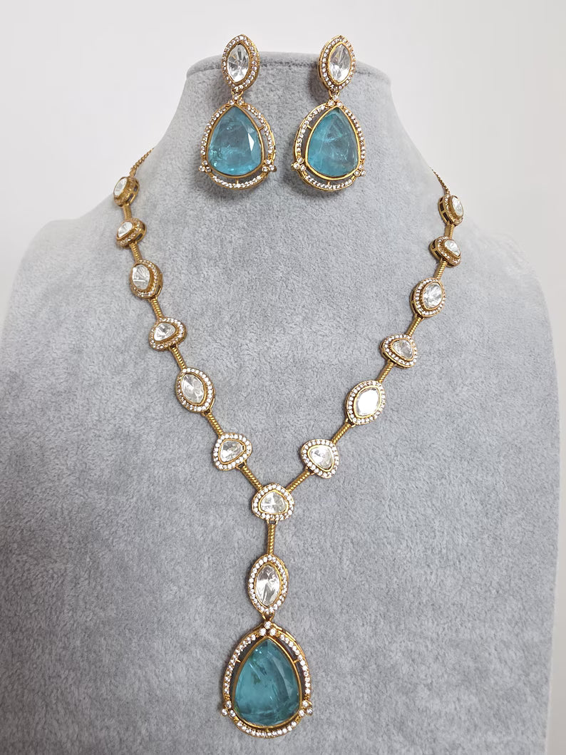 Aqua Blue Doublet Moissanite Kundan Necklace/Kundan Choker/Bollywood Jewelry/Indian wedding/Bridal jewelry/Indian Wedding/Pakistani/Punjabi