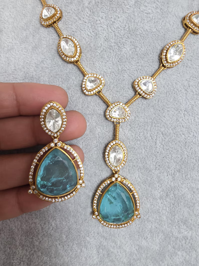 Aqua Blue Doublet Moissanite Kundan Necklace/Kundan Choker/Bollywood Jewelry/Indian wedding/Bridal jewelry/Indian Wedding/Pakistani/Punjabi