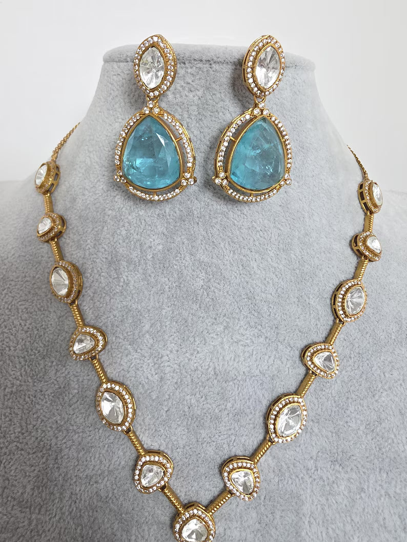 Aqua Blue Doublet Moissanite Kundan Necklace/Kundan Choker/Bollywood Jewelry/Indian wedding/Bridal jewelry/Indian Wedding/Pakistani/Punjabi