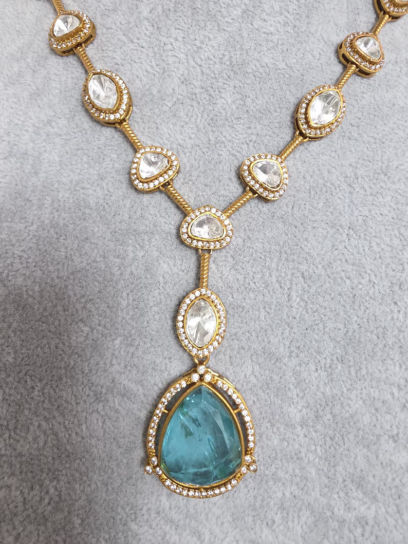 Aqua Blue Doublet Moissanite Kundan Necklace/Kundan Choker/Bollywood Jewelry/Indian wedding/Bridal jewelry/Indian Wedding/Pakistani/Punjabi