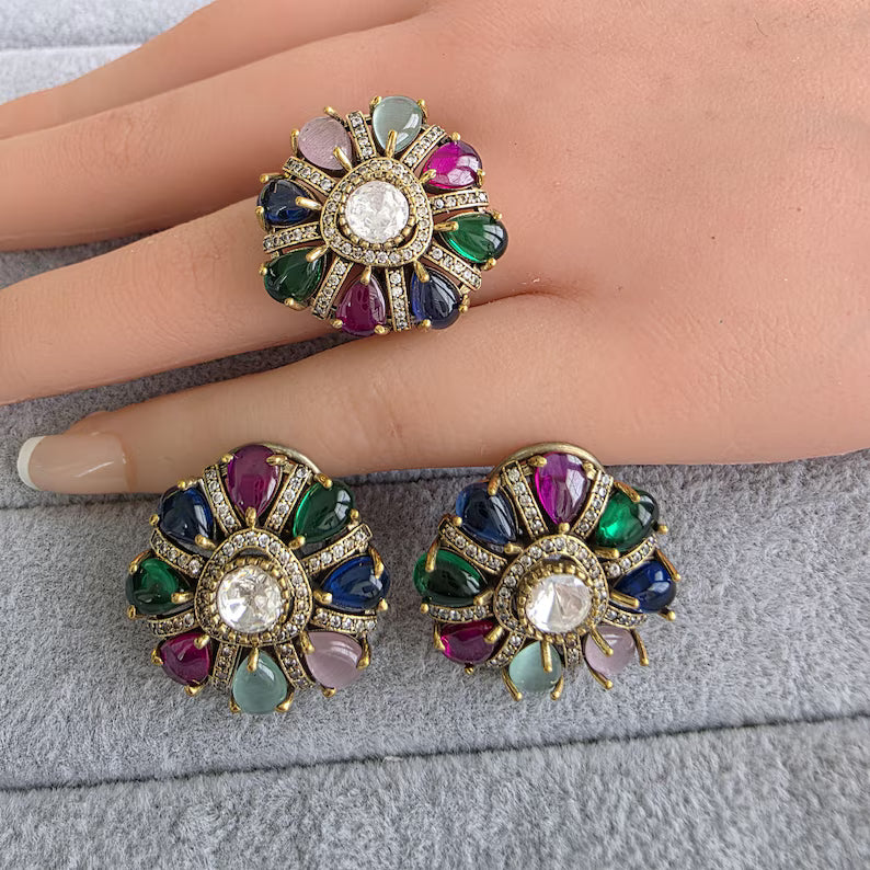 Multi Moissanite Polki Antique Dull Gold Stud Earrings with Finger Ring/Indian Jewelry/Victorian Stud Earring/Diamond Studs, Finger Ring