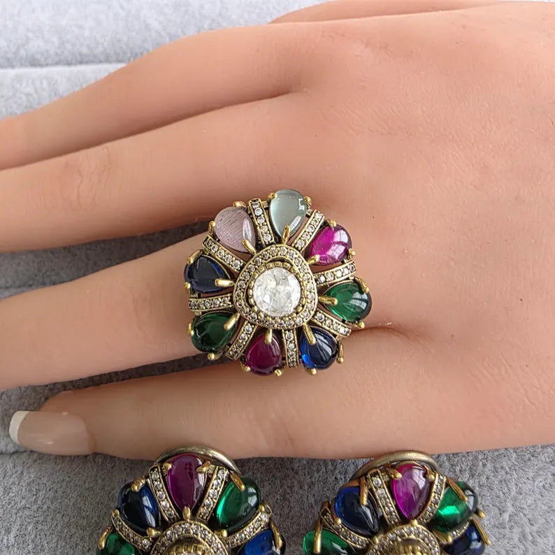 Multi Moissanite Polki Antique Dull Gold Stud Earrings with Finger Ring/Indian Jewelry/Victorian Stud Earring/Diamond Studs, Finger Ring
