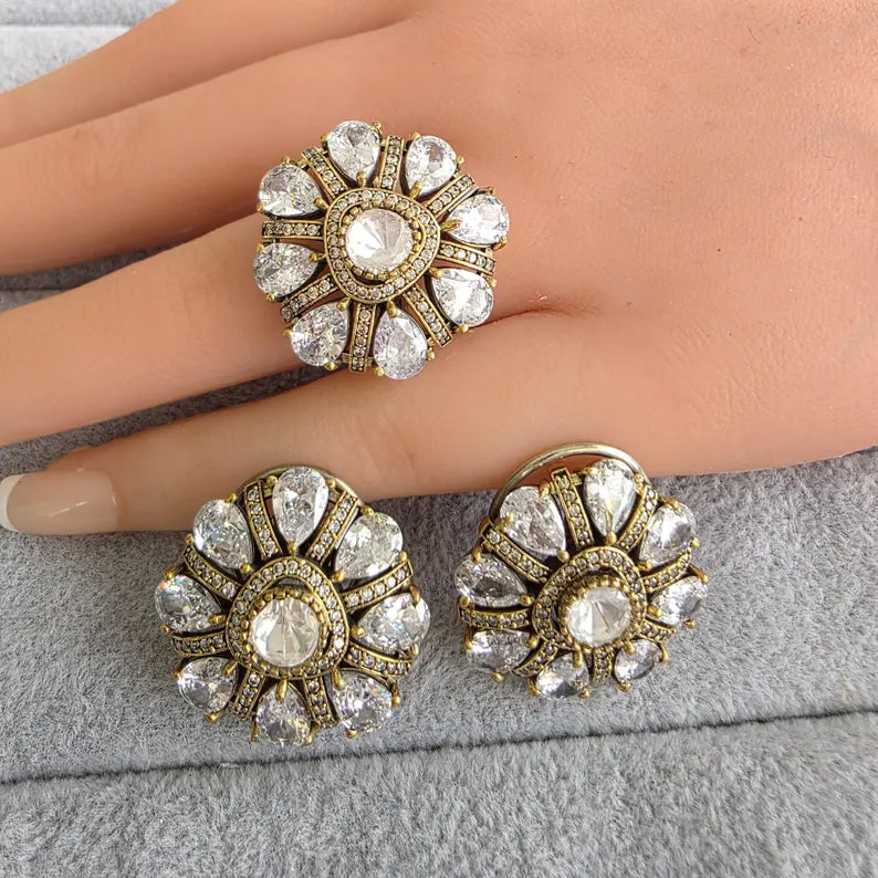 White Moissanite Polki Antique Dull Gold Stud Earrings with Finger Ring/Indian Jewelry/Victorian Stud Earring/Diamond Studs, Finger Ring