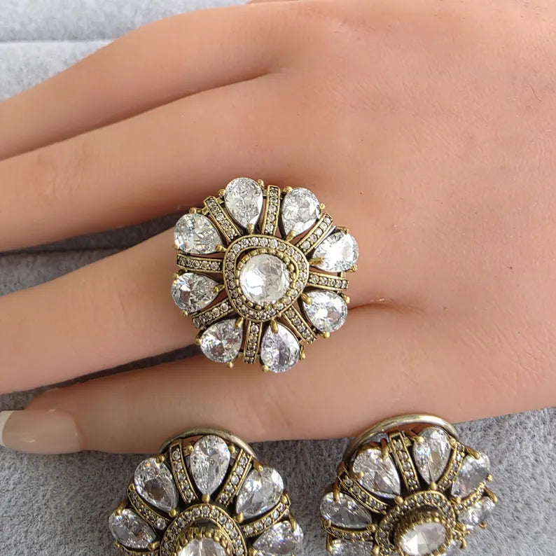 White Moissanite Polki Antique Dull Gold Stud Earrings with Finger Ring/Indian Jewelry/Victorian Stud Earring/Diamond Studs, Finger Ring