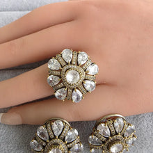 White Moissanite Polki Antique Dull Gold Stud Earrings with Finger Ring/Indian Jewelry/Victorian Stud Earring/Diamond Studs, Finger Ring