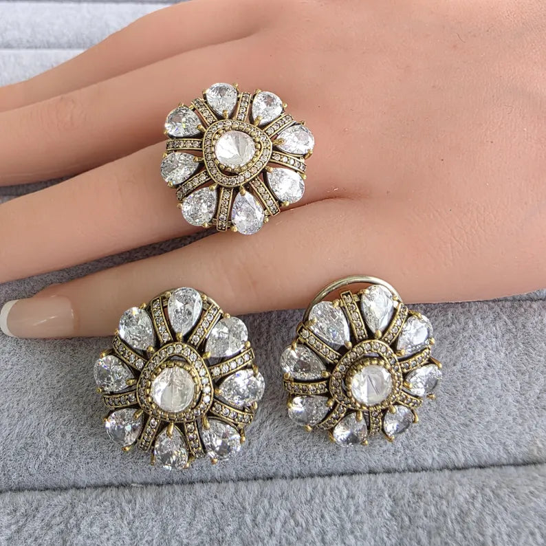 White Moissanite Polki Antique Dull Gold Stud Earrings with Finger Ring/Indian Jewelry/Victorian Stud Earring/Diamond Studs, Finger Ring