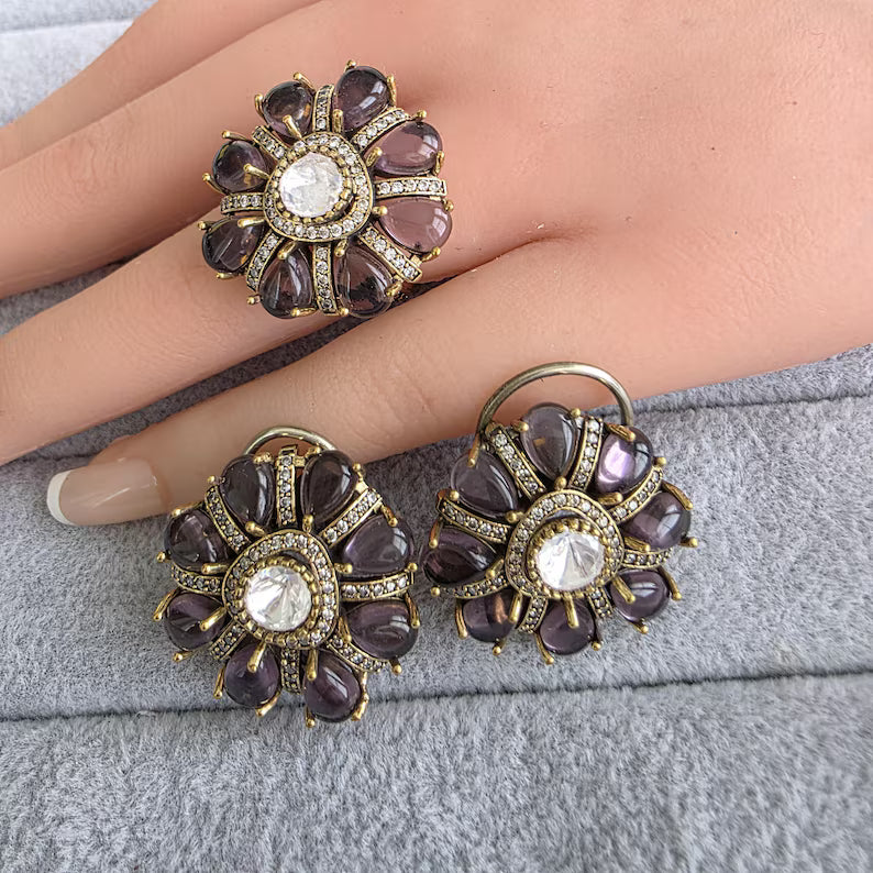 Purple Moissanite Polki Antique Dull Gold Stud Earrings with Finger Ring/Indian Jewelry/Victorian Stud Earring/Diamond Studs, Finger Ring