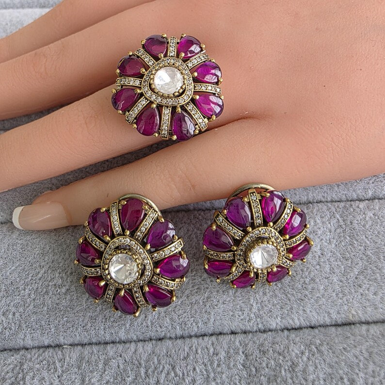 Ruby Moissanite Polki Antique Dull Gold Stud Earrings with Finger Ring/Indian Jewelry/Victorian Stud Earring/Diamond Studs, Finger Ring