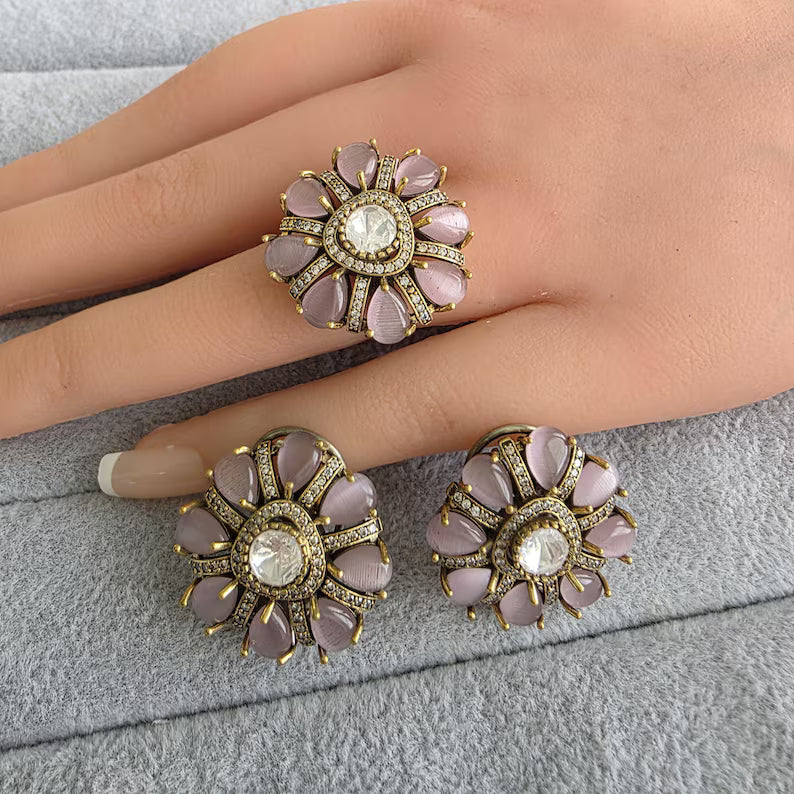 Pink Moissanite Polki Antique Dull Gold Stud Earrings with Finger Ring/Indian Jewelry/Victorian Stud Earring/Diamond Studs, Finger Ring