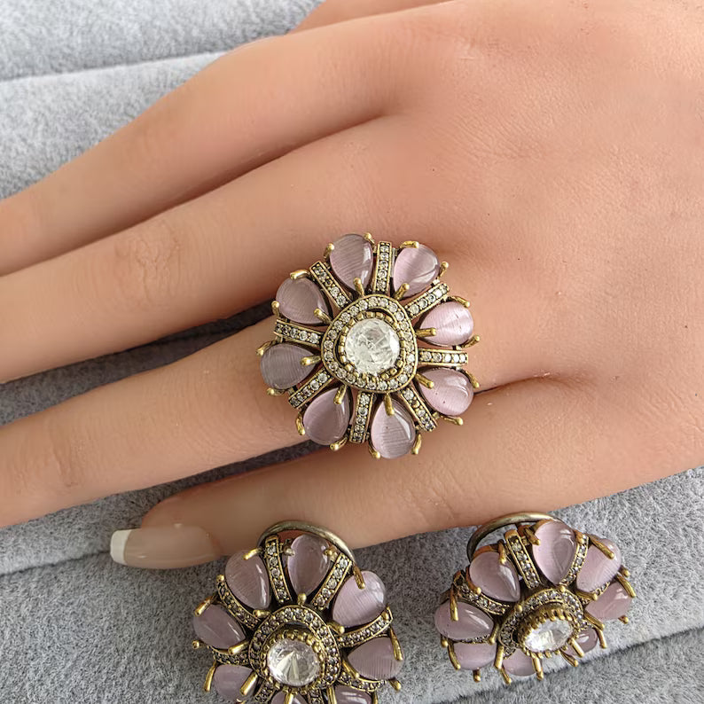 Pink Moissanite Polki Antique Dull Gold Stud Earrings with Finger Ring/Indian Jewelry/Victorian Stud Earring/Diamond Studs, Finger Ring