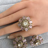 Pink Moissanite Polki Antique Dull Gold Stud Earrings with Finger Ring/Indian Jewelry/Victorian Stud Earring/Diamond Studs, Finger Ring