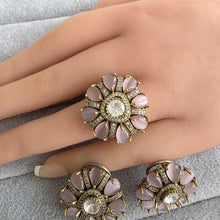 Pink Moissanite Polki Antique Dull Gold Stud Earrings with Finger Ring/Indian Jewelry/Victorian Stud Earring/Diamond Studs, Finger Ring