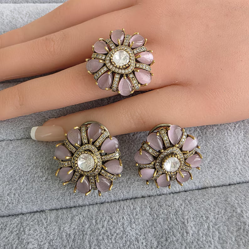 Pink Moissanite Polki Antique Dull Gold Stud Earrings with Finger Ring/Indian Jewelry/Victorian Stud Earring/Diamond Studs, Finger Ring
