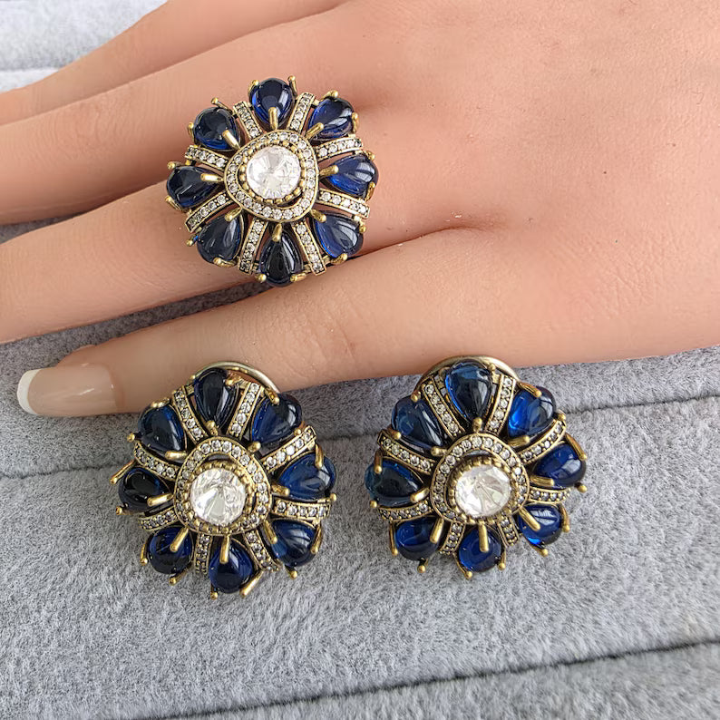 Blue Moissanite Polki Antique Dull Gold Stud Earrings with Finger Ring/Indian Jewelry/Victorian Stud Earring/Diamond Studs, Finger Ring