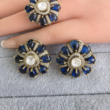 Blue Moissanite Polki Antique Dull Gold Stud Earrings with Finger Ring/Indian Jewelry/Victorian Stud Earring/Diamond Studs, Finger Ring