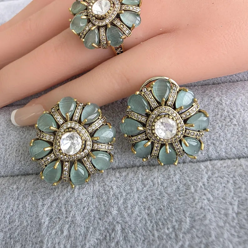 Mint GreenMoissanite Polki Antique Dull Gold Stud Earrings with Finger Ring/Indian Jewelry/Victorian Stud Earring/Diamond Studs, Finger Ring