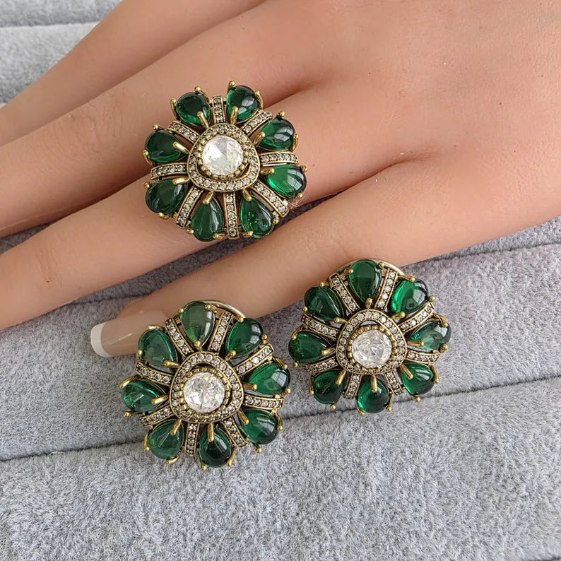Green Moissanite Polki Antique Dull Gold Stud Earrings with Finger Ring/Indian Jewelry/Victorian Stud Earring/Diamond Studs, Finger Ring