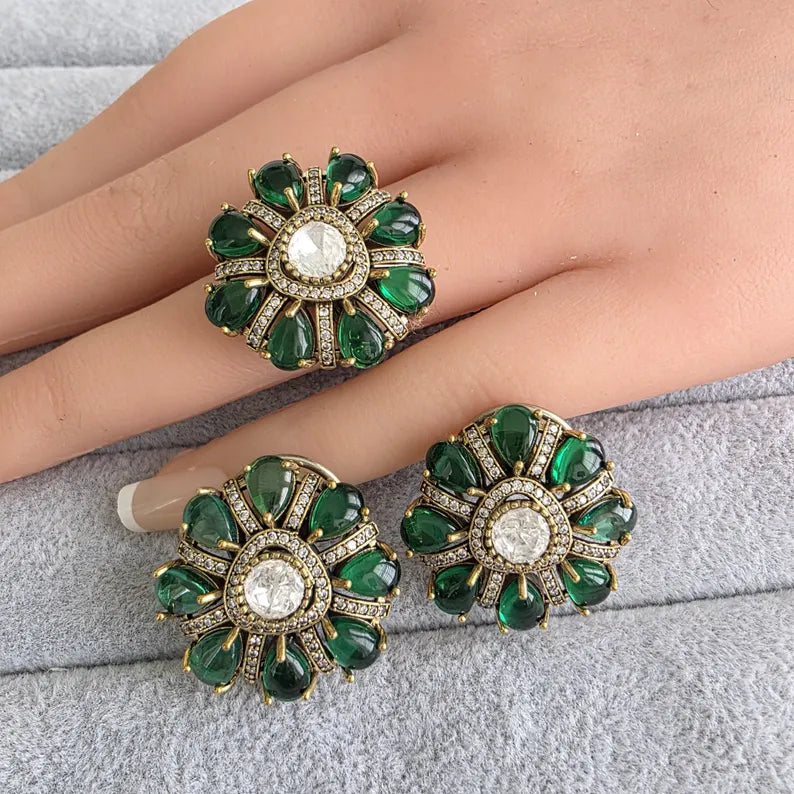 Green Moissanite Polki Antique Dull Gold Stud Earrings with Finger Ring/Indian Jewelry/Victorian Stud Earring/Diamond Studs, Finger Ring