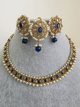Navy Blue Antique Polki Kundan Pearl Necklace with earrings and tikka, bridal necklace, Indian Punjabi Pakistani Wedding Jewelry