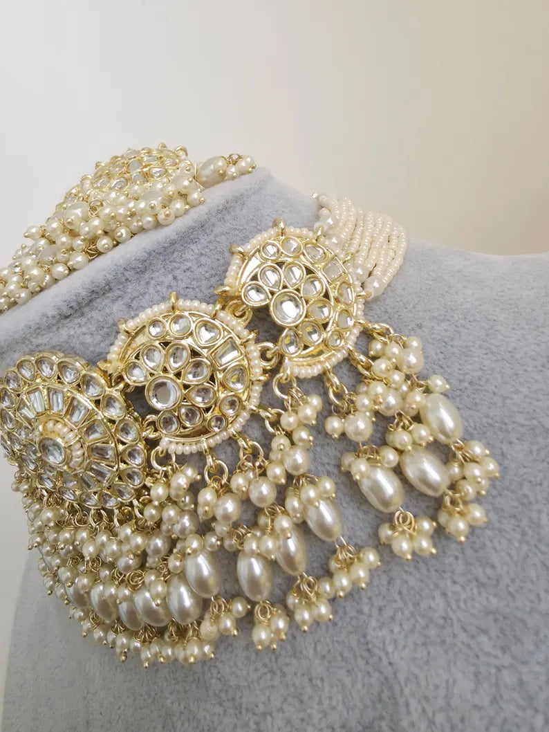 White Pearl Kundan Necklace Set/Kundan Choker/ Bollywood Jewelry/ Indian Pakistani necklace/ punjabi necklace/bridal necklace/indian wedding