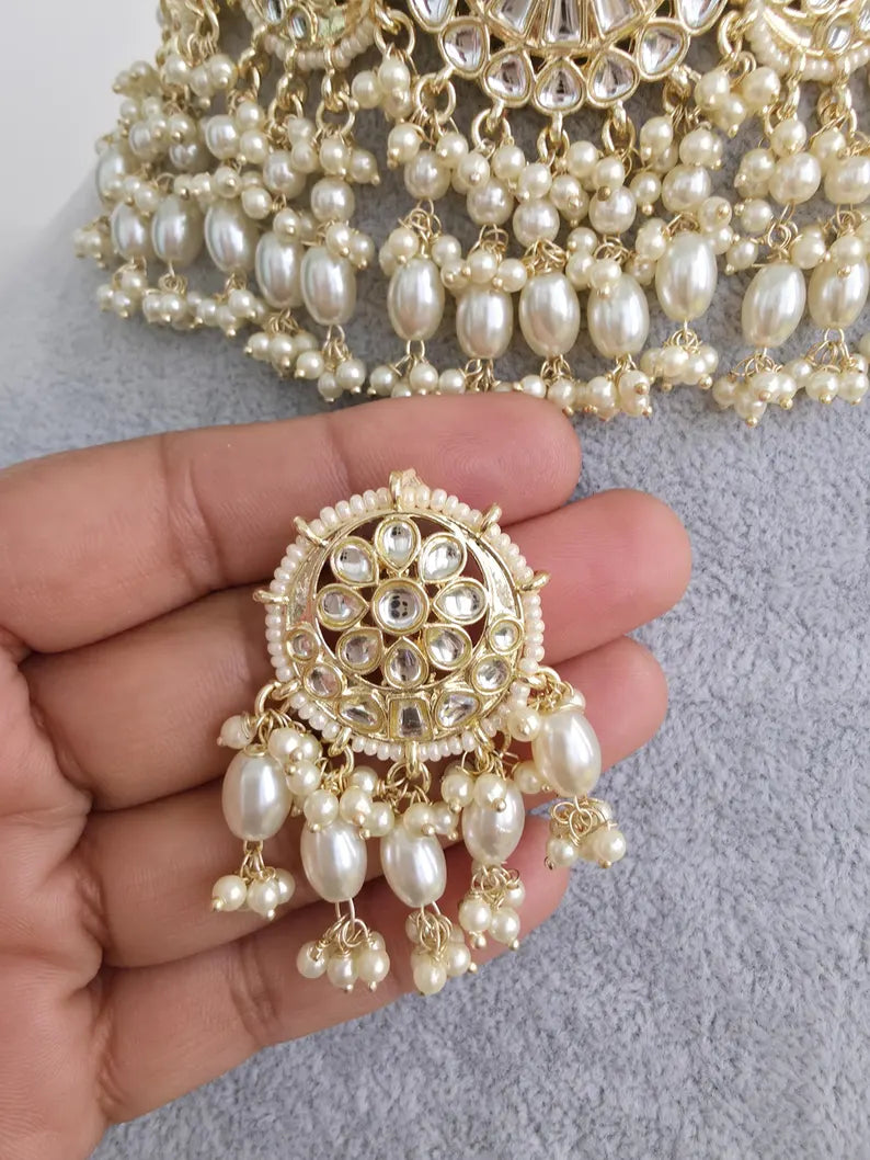 White Pearl Kundan Necklace Set/Kundan Choker/ Bollywood Jewelry/ Indian Pakistani necklace/ punjabi necklace/bridal necklace/indian wedding
