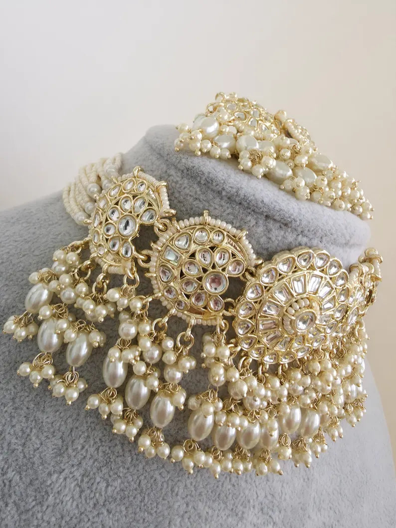 White Pearl Kundan Necklace Set/Kundan Choker/ Bollywood Jewelry/ Indian Pakistani necklace/ punjabi necklace/bridal necklace/indian wedding