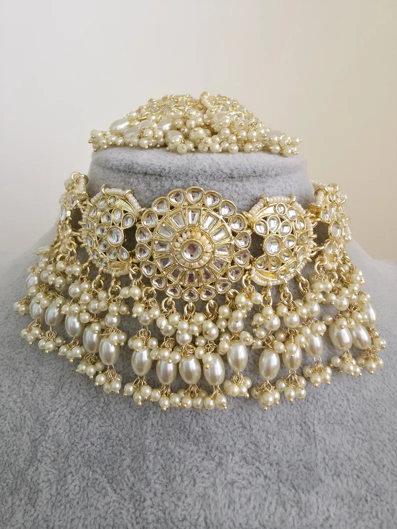 White Pearl Kundan Necklace Set/Kundan Choker/ Bollywood Jewelry/ Indian Pakistani necklace/ punjabi necklace/bridal necklace/indian wedding