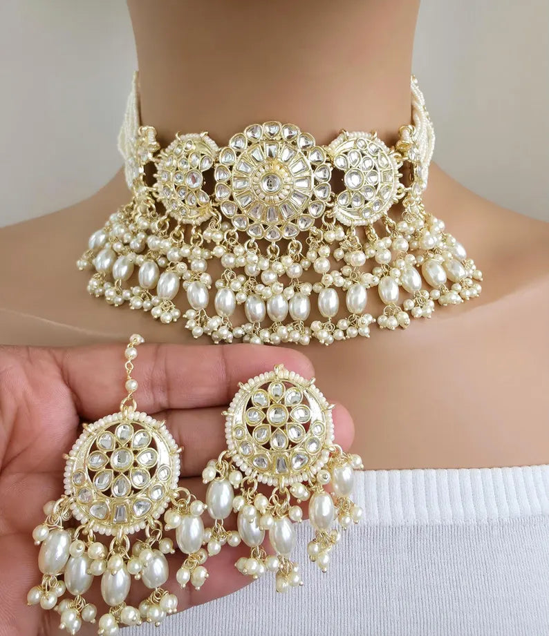 White Pearl Kundan Necklace Set/Kundan Choker/ Bollywood Jewelry/ Indian Pakistani necklace/ punjabi necklace/bridal necklace/indian wedding