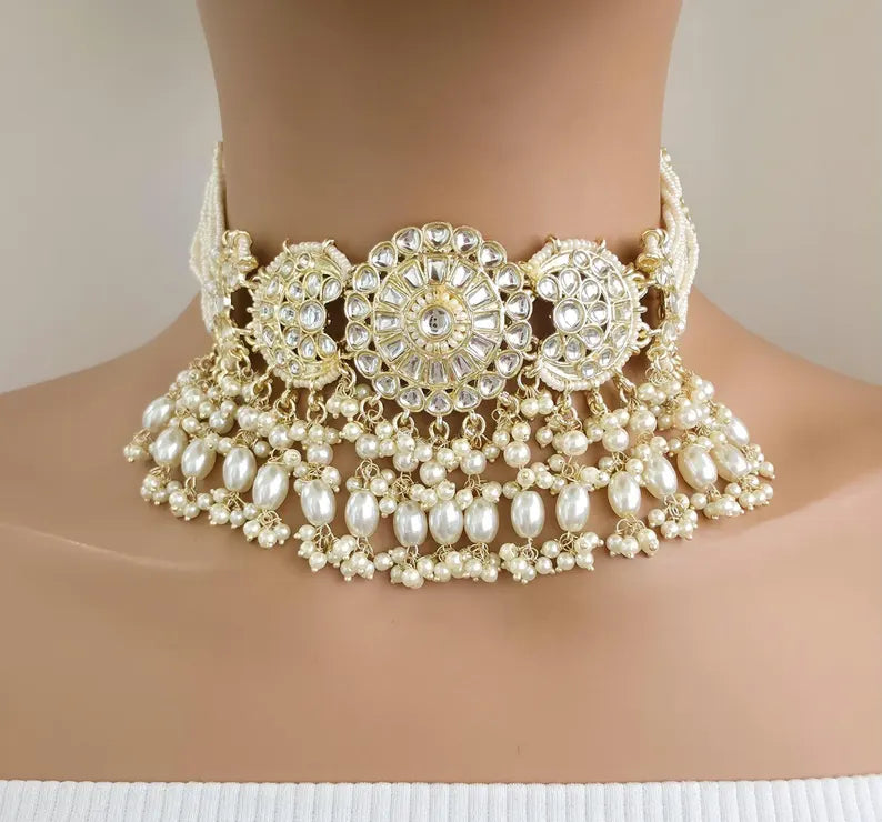 White Pearl Kundan Necklace Set/Kundan Choker/ Bollywood Jewelry/ Indian Pakistani necklace/ punjabi necklace/bridal necklace/indian wedding
