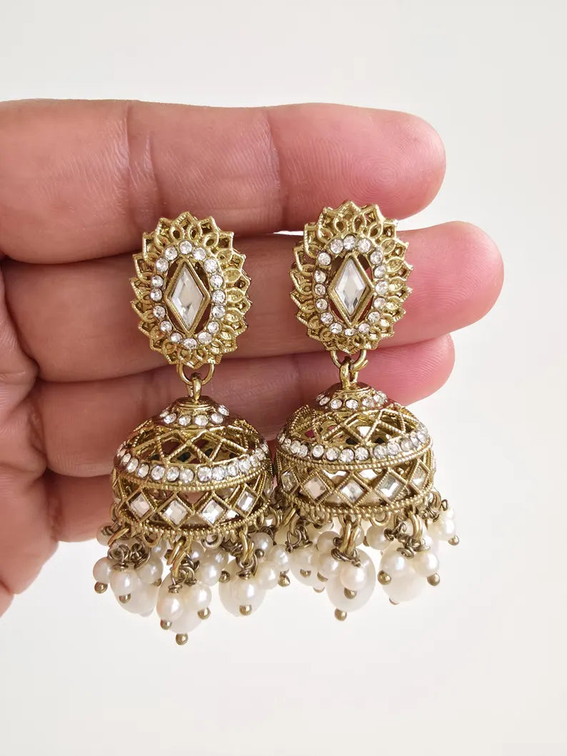 Antique Dull Gold kundan Jhumka/stone Jhumka/Indian Jewelry/Pakistani Jewelry/Punjabi Jewelry/Statement earrings/Indian wedding