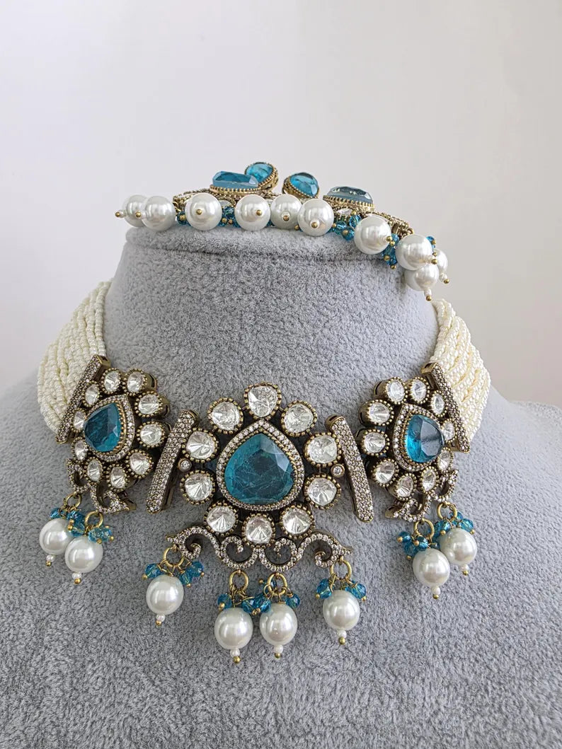 Aqua Blue Doublet Moissanite Pearl Kundan Necklace/Kundan Choker/Bollywood Jewelry/Indian wedding/Bridal jewelry/Indian Wedding/Pakistani