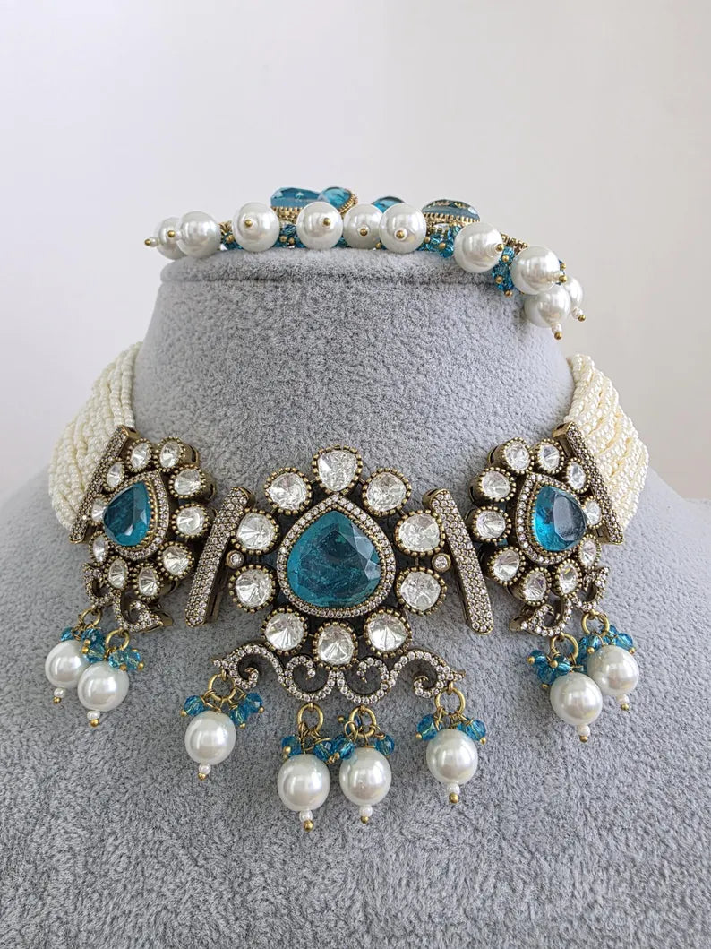 Aqua Blue Doublet Moissanite Pearl Kundan Necklace/Kundan Choker/Bollywood Jewelry/Indian wedding/Bridal jewelry/Indian Wedding/Pakistani