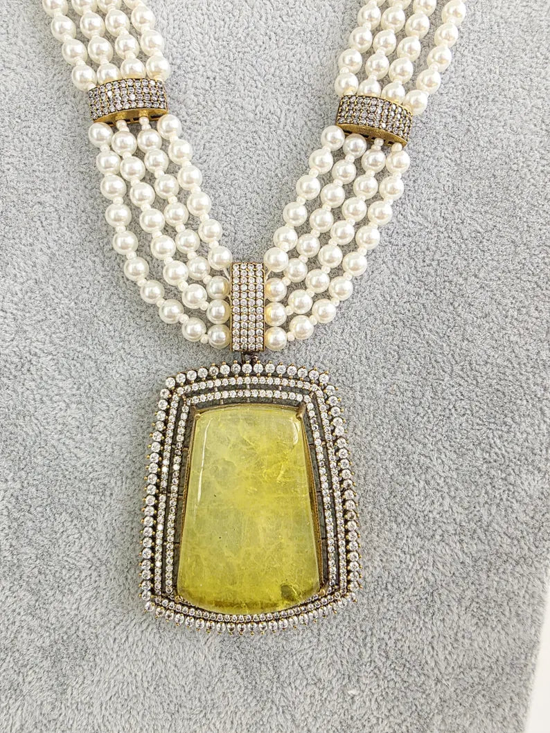 Yellow Doublet Pearl CZ Diamond long necklace/Indian jewelry/Doublet rani haar/Mala necklace set/Indian Wedding/Indian Pakistani Jewelry