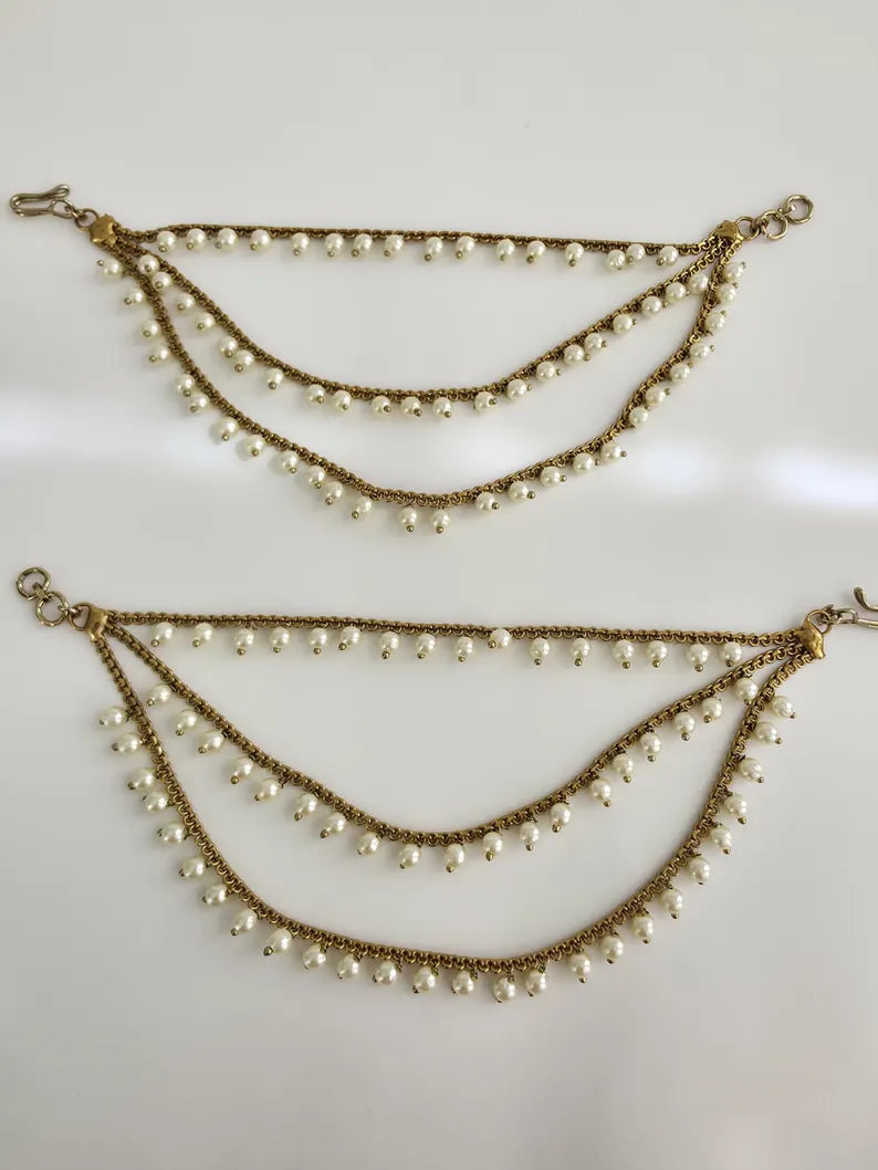 Antique dull Gold pearl Ear Chain/Sahare/Pearl kaan chain/Earring support chain/Indian Jewelry/Pakistani Jewelry/Bahubali Kaan sahara