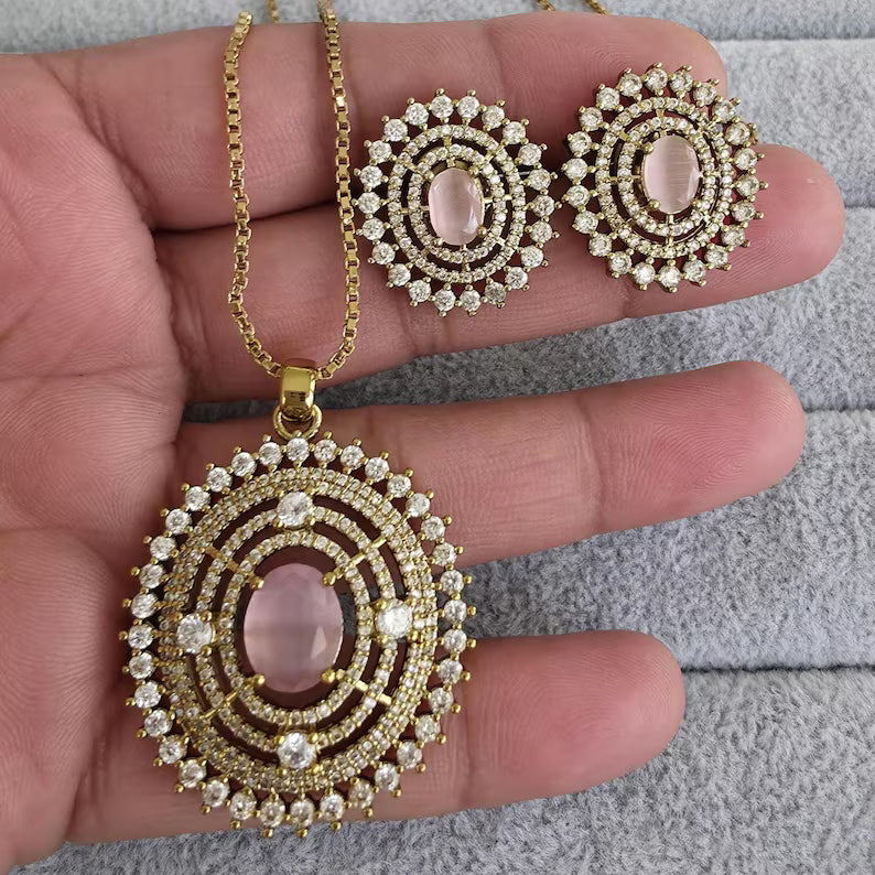 5 colours Victorian Plated Cubic Zirconia Chain Pendant Set, Long Pendant Mala Necklace/American diamond Long necklace/Mala/Indian wedding
