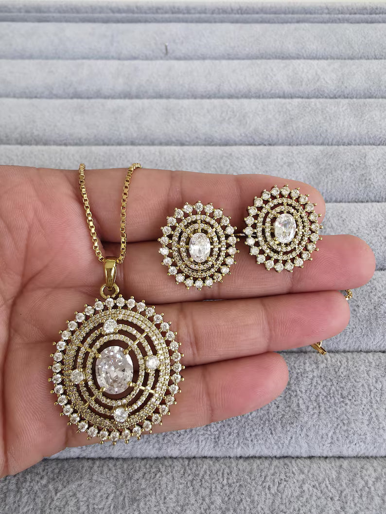 White Victorian Plated Cubic Zirconia Chain Pendant Set, Long Pendant Mala Necklace/American diamond Long necklace/Mala/Indian wedding