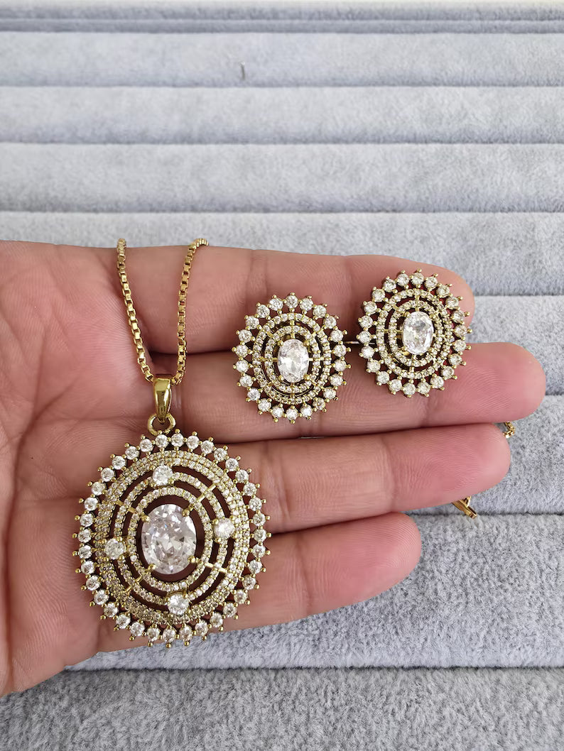 White Victorian Plated Cubic Zirconia Chain Pendant Set, Long Pendant Mala Necklace/American diamond Long necklace/Mala/Indian wedding
