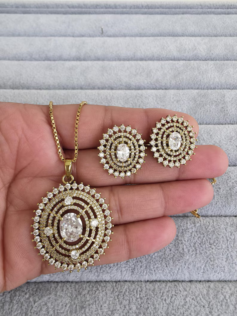 White Victorian Plated Cubic Zirconia Chain Pendant Set, Long Pendant Mala Necklace/American diamond Long necklace/Mala/Indian wedding