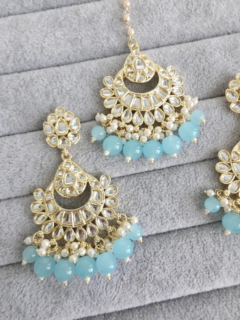 Aqua Blue Gold Kundan Tikka w/Earring Set/ Indian Bridal Maang Tikka /Teeka Tika Headpiece Handmade Pearl Jewelry For Women Bollywood