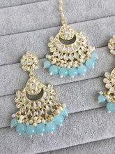 Aqua Blue Gold Kundan Tikka w/Earring Set/ Indian Bridal Maang Tikka /Teeka Tika Headpiece Handmade Pearl Jewelry For Women Bollywood