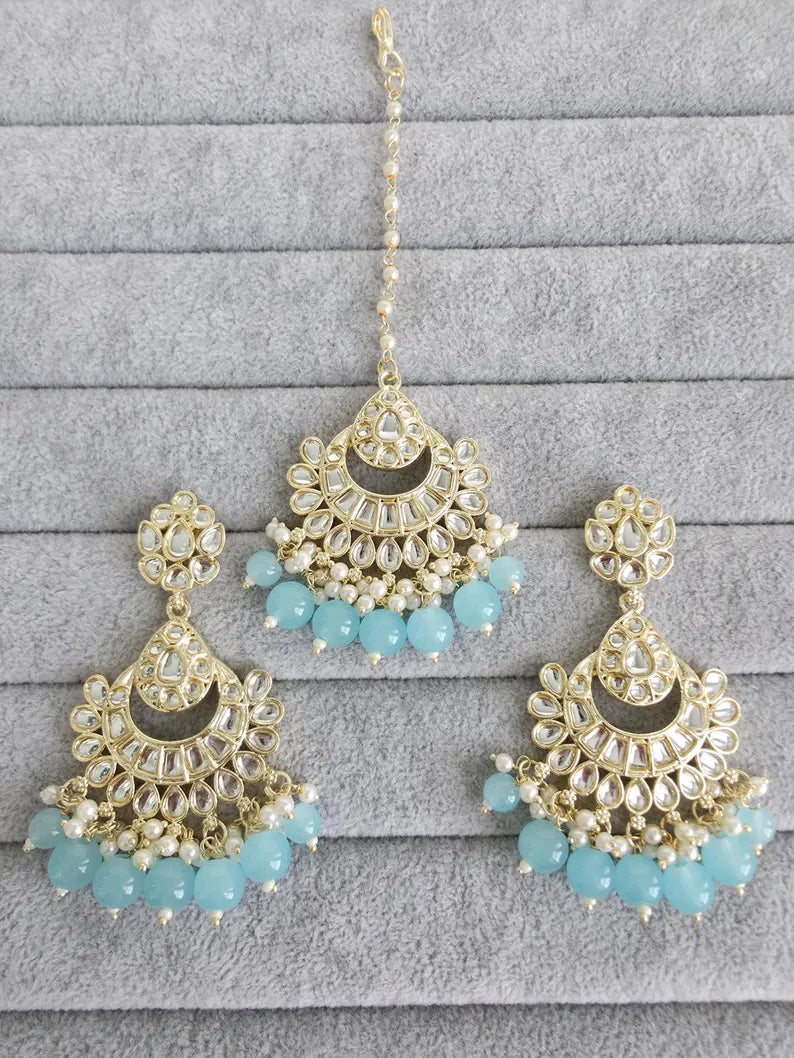 Aqua Blue Gold Kundan Tikka w/Earring Set/ Indian Bridal Maang Tikka /Teeka Tika Headpiece Handmade Pearl Jewelry For Women Bollywood