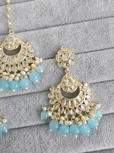 Aqua Blue Gold Kundan Tikka w/Earring Set/ Indian Bridal Maang Tikka /Teeka Tika Headpiece Handmade Pearl Jewelry For Women Bollywood