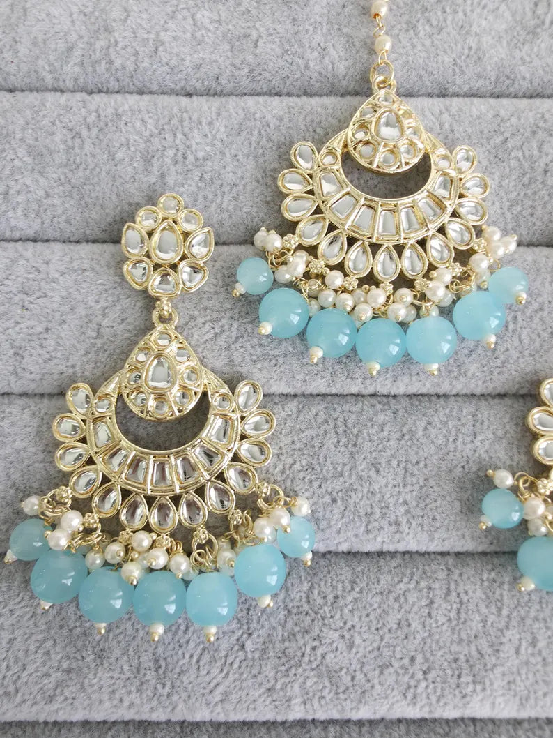 Aqua Blue Gold Kundan Tikka w/Earring Set/ Indian Bridal Maang Tikka /Teeka Tika Headpiece Handmade Pearl Jewelry For Women Bollywood