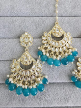 Rama Blue Gold Kundan Tikka w/Earring Set/ Indian Bridal Maang Tikka /Teeka Tika Headpiece Handmade Pearl Jewelry For Women Bollywood