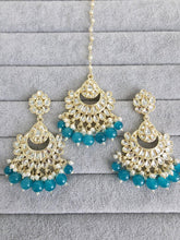 Rama Blue Gold Kundan Tikka w/Earring Set/ Indian Bridal Maang Tikka /Teeka Tika Headpiece Handmade Pearl Jewelry For Women Bollywood