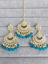 Rama Blue Gold Kundan Tikka w/Earring Set/ Indian Bridal Maang Tikka /Teeka Tika Headpiece Handmade Pearl Jewelry For Women Bollywood