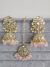 Pink Gold Kundan Tikka w/Earring Set/ Indian Bridal Maang Tikka /Teeka Tika Headpiece Handmade Pearl Jewelry For Women Bollywood